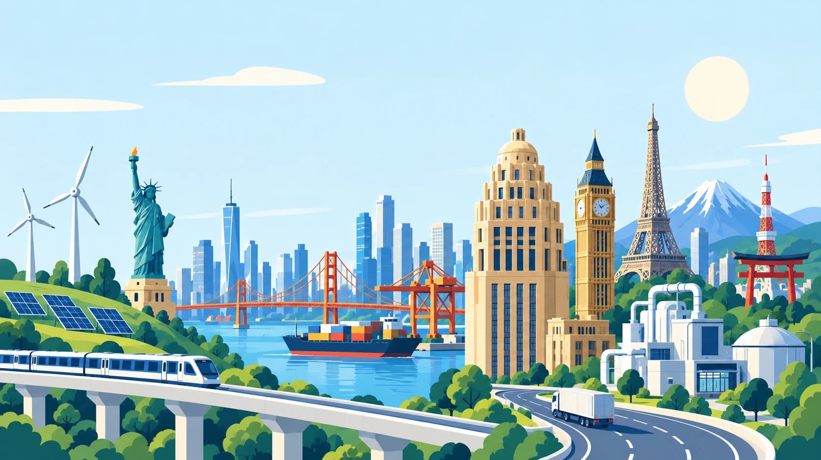 Illustrated montage of world landmarks with wind turbines, solar panels, a container port, rail and power infrastructure.